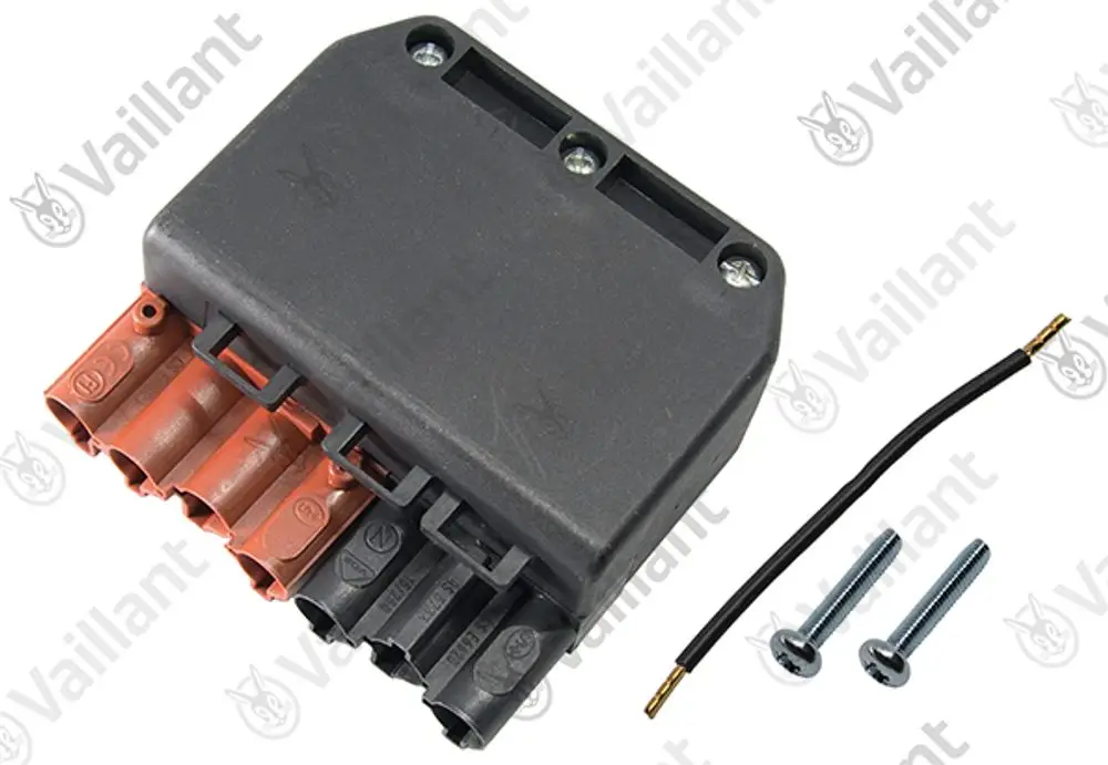 Vaillant Stecker mit mehreren Anschlüssen in orange und schwarz, inklusive zwei Schrauben und einem Kabel mit Anschluss.